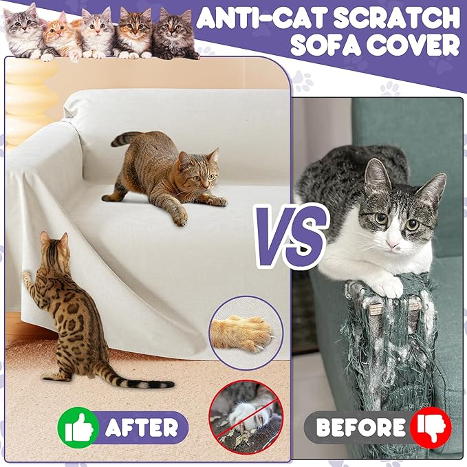 Cat Scratch Furniture Protector - Anti-Slip, Waterproof Sofa Cover to Keep Cats Off, Pet-Friendly Couch Protectors for 3 Cushion Couch, Beige Anti-Scratch Couch Cover for Pets and Kids 118"X71"