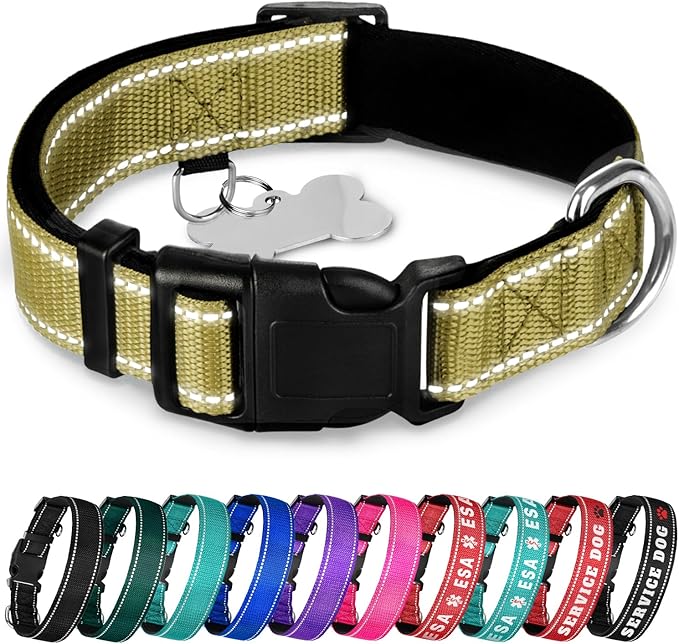 TECEUM Reflective Dog Collar β Olive β XL β Extra Soft Padding β Basic Nylon Pet Collar β Quick Release Buckle β Fits Small, Medium and Large Dogs, Puppies, Cats β ESA & Service Dog Options