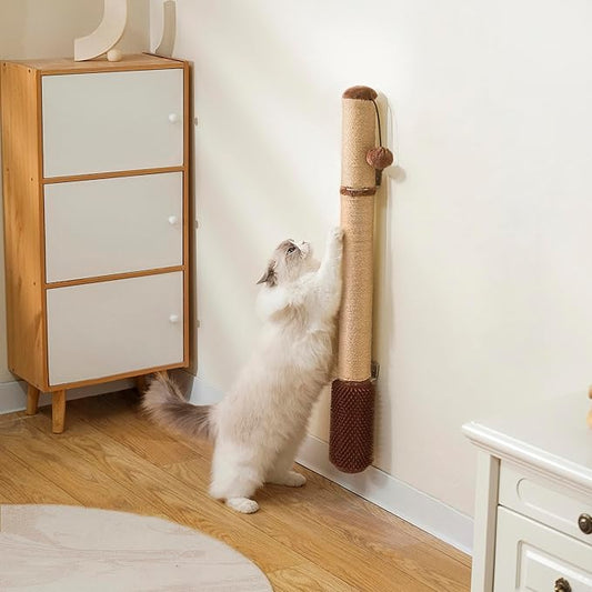 SUNRUI 34" Wall Mounted Cat Scratcher – Extra-Tall Vertical Sisal Scratching Post with Grooming Brush & Hanging Ball, Durable Space-Saving Design, Hardware Included, Brown
