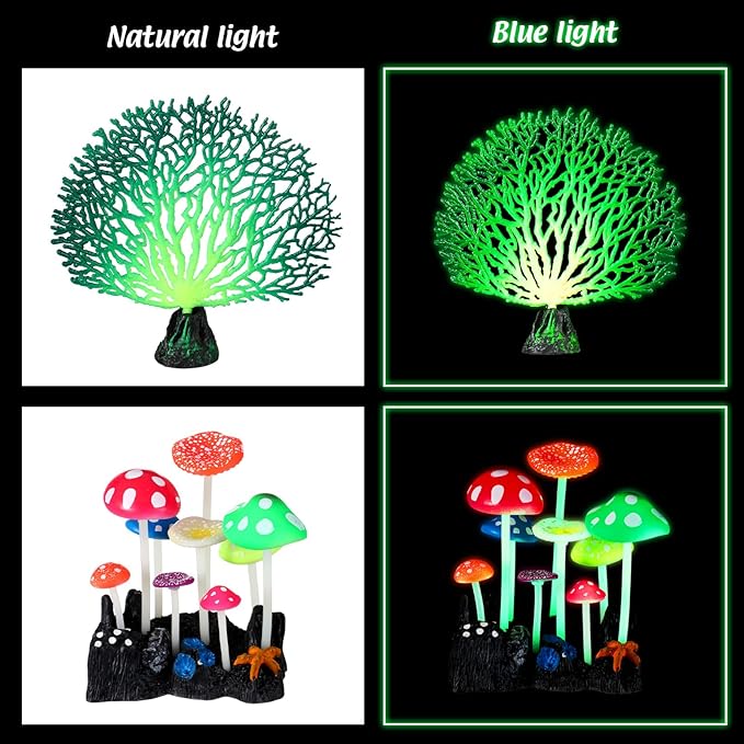 Frienda 8 Pieces Glowing Fish Tank Decorations Plants with 2 Style Glowing Kelp, Sea Anemone, Simulation Coral, Jellyfish, Lotus Leaf, Mushroom for Aquarium Fish Tank Ornament (Purple, Pink)