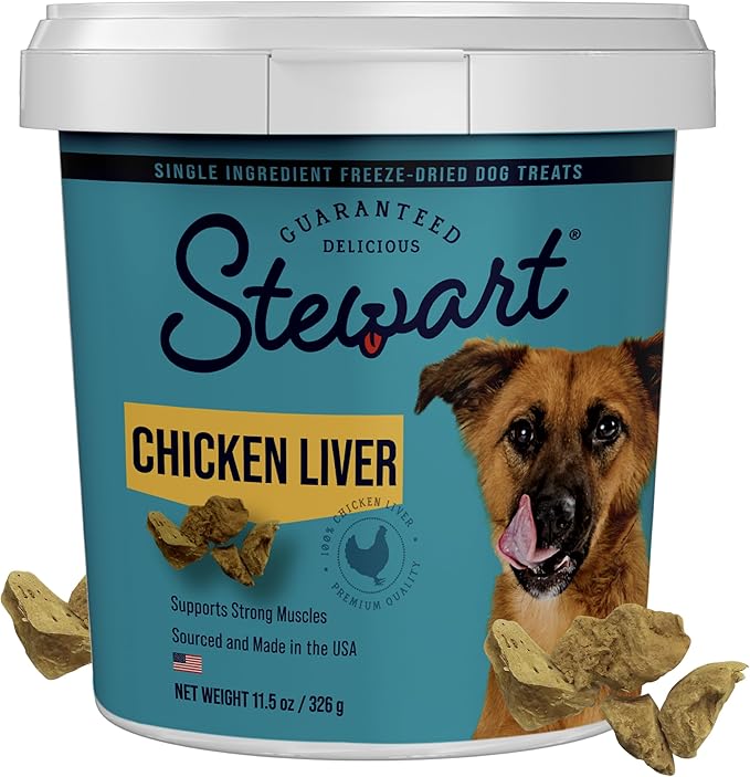 Stewart Single Ingredient Freeze Dried Raw Dog Treats, Chicken Liver, 11.5 Ounce, Approx. 215 Pieces per Resealable Tub, Training Treats or Meal Topper, High Protein, Grain Free, Gluten Free