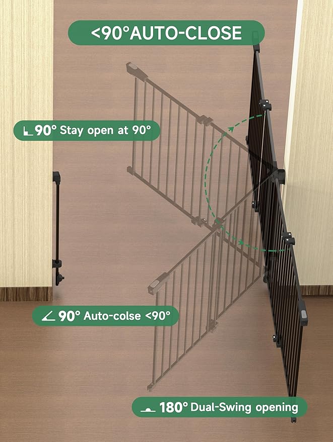29.5-43" No Bottom Bar Baby Gate for Stairs, Auto Close Baby Gates for Doorways, Hardware Mounted, Dog/Pet Gate Indoor with Extra-Wide Walk Thru Door, Child-Proof Safety Gate for Kids (Black)