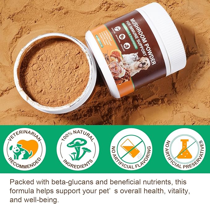 Mushroom Supplement Powder for Dogs & Cats, 11 Beneficial Mushroom Complex for Immune Support, Cellular Protection, Heart & Brain Health Lion's Mane, Reishi & Turkey Tail, Bacon Flavor - 120g
