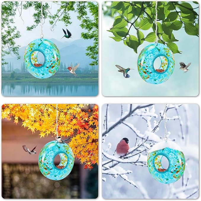VCUTEKA Bird Feeder Solar Fly Through Bird Feeders for Outside Hanging with Round Shape Glass Container to Attract Wild Birds for Garden Decor, Blue 8"