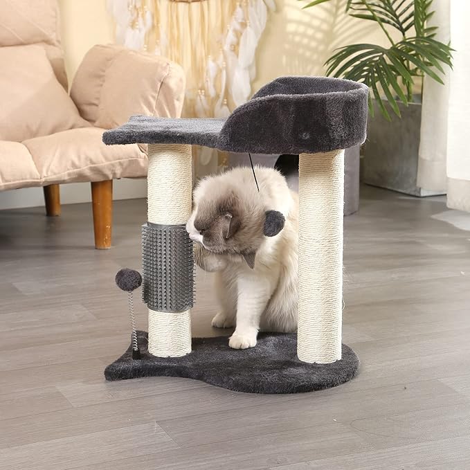 Cat Tree Tower, Multifunction Cat Scratching Post for Indoor Cats Featuring with Fish-Shaped Rest Platform Cat Self Groomer Danging Ball Spring Ball, Grey