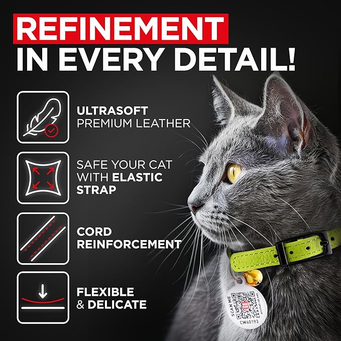 Leather Cat Collar with Bell and Safety Elastic Strap Breakaway Alternative for Small & Large Kittens, Stylish Pet Leather Collar for Boy, Girl Cats with Metal Buckle & QR ID Tag (Green)