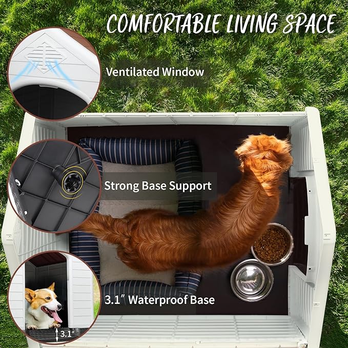 PUKAMI Plastic Dog House Outdoor Indoor for Small to Large Sized Dogs,Durable Waterproof Puppy Shelter with Elevated Floor and Air Vents,Ventilate & Easy Clean and Assemble (Brown, 42inch)