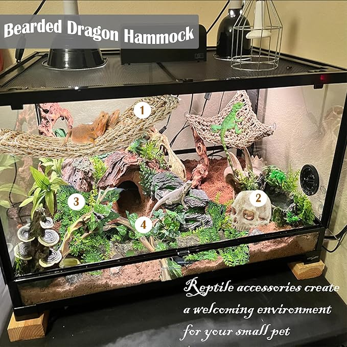kathson Bearded Dragon Terrarium Skull Decoration, Reptile Tank Habitat Resin Human Skulls Hide Cave Hanging Vines Plants Accessories for Lizards Tortoise Chameleon Spider Reptiles Amphibians(4 PCS)