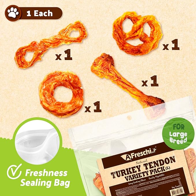 Afreschi Turkey Tendon Variety Pack (L) 10 oz, USA-Sourced Turkey Tendon, All Natural Puppy Chew, Hypoallergenic, Rawhide Alternative