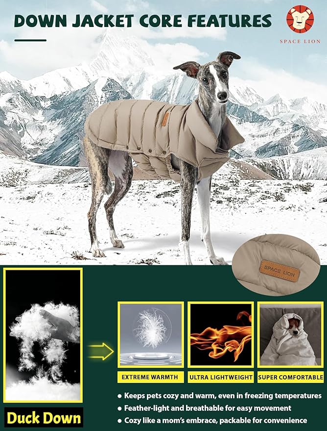 SPACE LION Puffer Jacket, Down Winter Coat, Durable Outdoor Coat for Cold and Windy Conditions, Waterproof, Windproof, Lightweight Jacket, Adjustable Fit for Small, Medium Dogs(Khaki,M)