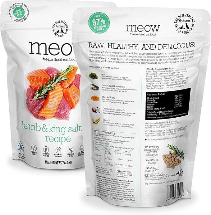 Meow Freeze Dried Cat Food - Lamb & King Salmon Recipe,High Protein Cat Treats,Meals & Toppers,Dry Cat Food,9.9oz