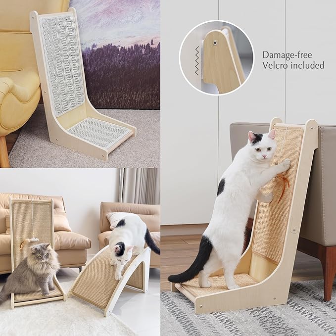 PETKARAY 105° Cat Scratcher, Sisal Kitty Scratch Pad, L Shape Scratching Board for Indoor Cats, Floor Mounted Scratcher with Mouse Toy Catnip