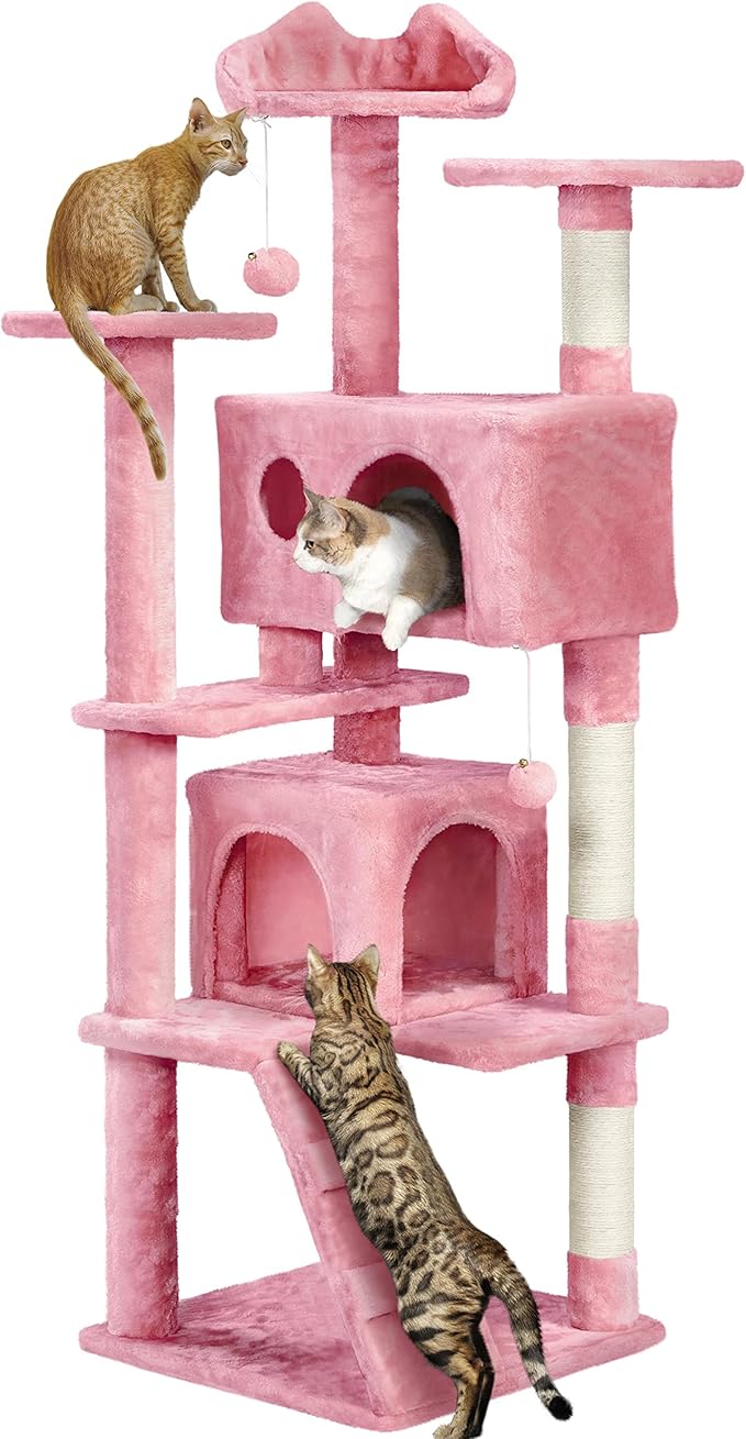 Yaheetech 62in Cat Tree Tower for Indoor Cats, Furniture w/Double Condo, Scratching Posts, Multiple Platforms and Balls for Kittens, Pink