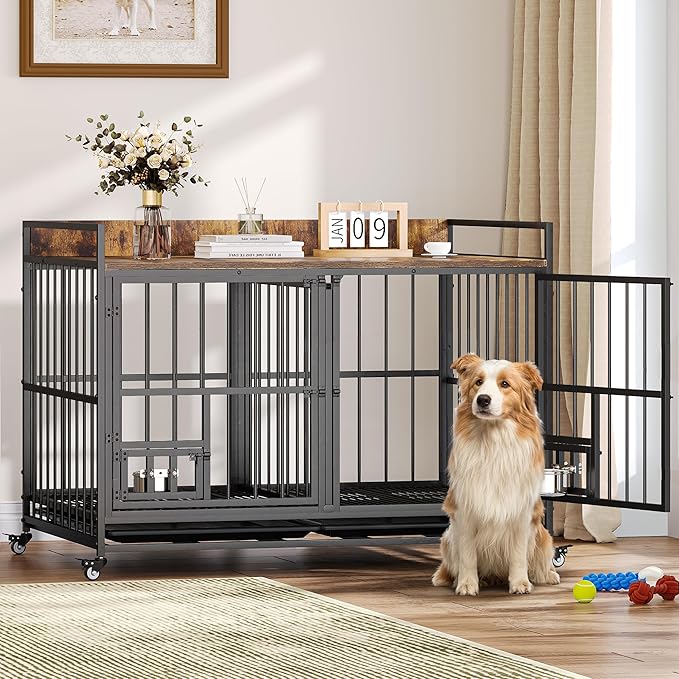 YITAHOME 42.5'' Heavy Duty Dog Crate with Removable Divider, Double Doors & Locks Design, Furniture Style Large Dog Crate with 360° Rotatable Dog Bowls & 360° Wheels & 2 Trays for Small/Medium Dog