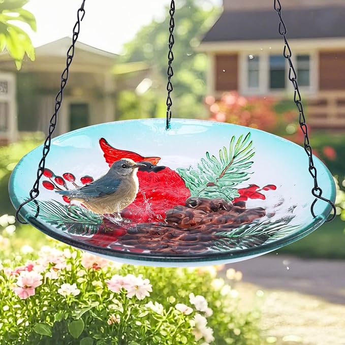 MUMTOP Hanging Bird Baths for Outdoors - Glass Bird Bath, 11 Inch Hanging Bird Bath Cardinal Bird Feeder Bowl for Outside, Garden, Lawn Yard Decor(Green)