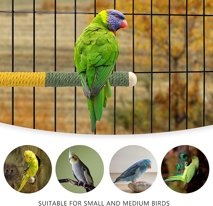2 PCS 7.4 x 1 inch Bird Perch Parrot Stand Cage Accessories Natural Wooden Stick Paw Grinding Rope-surfaced Chew Toy Standing Rod for Exercise Training Branches (Yellow+Green-2p)
