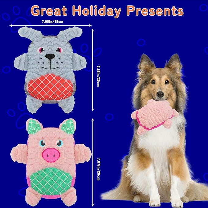 Crinkle Dog Toys Squeaky Plush No Stuffing Cute Puppy Stuffless Tough Rop Pull Toy, Fun Dog Stuffed Animals Durable Chew Set for Small Medium Large Pup (Large, Pink Pig+Blue Dog)