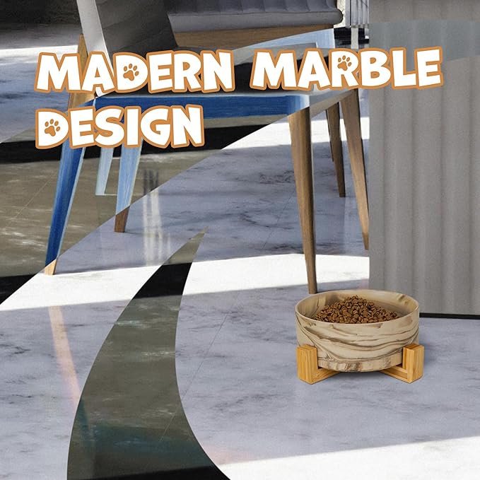 YOBRO Large Dog Bowl with Stand, 8" Non-Slip Ceramic Food or Water Bowl for Large Breed Dogs, Wide Open for Multiple Dogs, Modern Marble Design, Brown