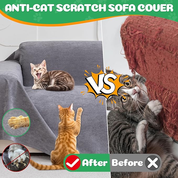 Loiion Couch Covers for 3 Cushion Couch, Gray Cat-Scratch Resistant Sofa Cover โPets Dogs Friendly Anti Slip Thickened Slipcovers Furniture Protector, Couch Protector for Pets and Kids 150"X71"