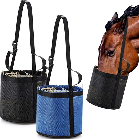 2 Pcs Horse Feed Bags for Grain Mesh Grain Feeder Bucket with Adjustable Strap and Waterproof Bottom for Feeding Fodder Powder Supplements(Black and Blue)
