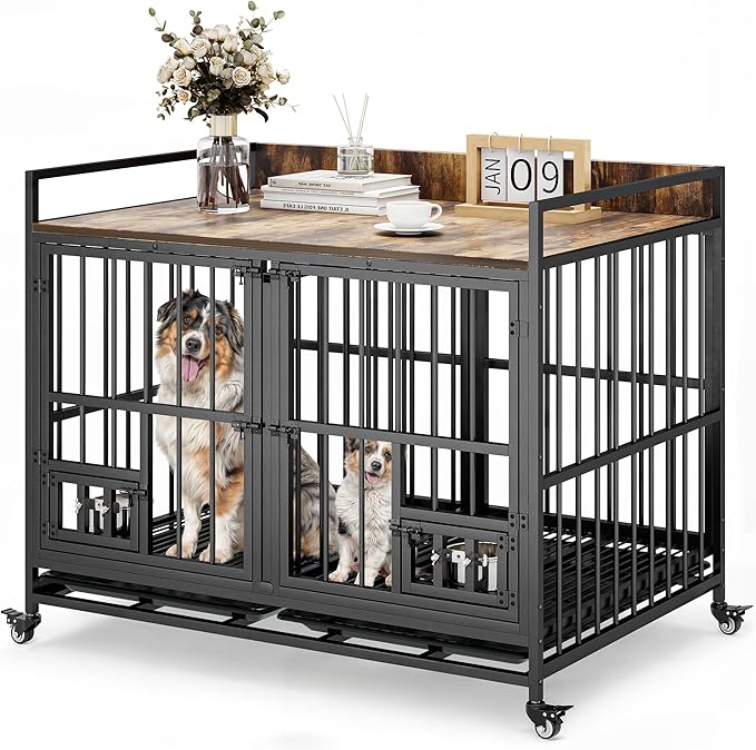 YITAHOME 42.5'' Heavy Duty Dog Crate with Removable Divider, Double Doors & Locks Design, Furniture Style Large Dog Crate with 360° Rotatable Dog Bowls & 360° Wheels & 2 Trays for Small/Medium Dog