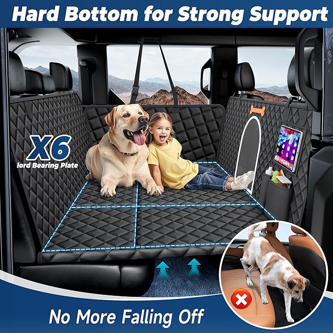 XXL Dog Truck Seat Cover for Back Seat, Hard Bottom Backseat Extender for Car, Holds 400 lbs, Pet Seat Covers for Large Dogs, 100% Waterproof, Dog Car Bed Protector Hammock for Crew Cab Truck SUV F150