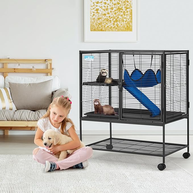 HABUTWAY 36.5''H Large Metal Rolling Ferrets Cage, 2-Tiers Small Animal Cages, Cage for Rats/Chinchillas, 0.5'' Bar Spacing for Ferret,Small Animal Cage w/Removable Ramp & Platform