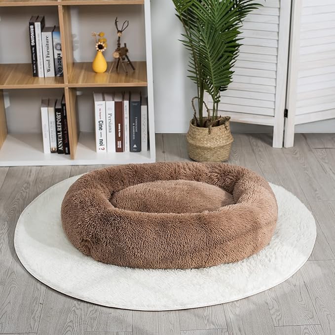 Coohom Oval Calming Donut Cuddler Dog Bed,Shag Faux Fur Cat Bed Washable Round Pillow Pet Bed(30"/36"/43") for Small Medium Dogs (XXL(43"x34"x8"), Camel)