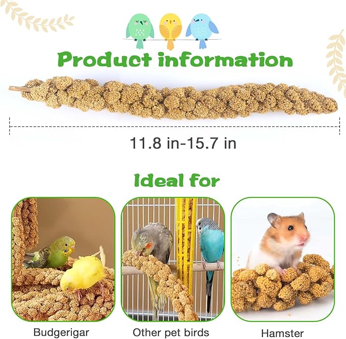 Millet for Birds 2.4LB, Natural Sun-Dried Millet Spray for Birds Seed No Stems Only Edible Tops for Parakeet, Budgies, Finches, Cockatiels, Parrots, Lovebird, Hamster and Other Pet Birds Bird Treat