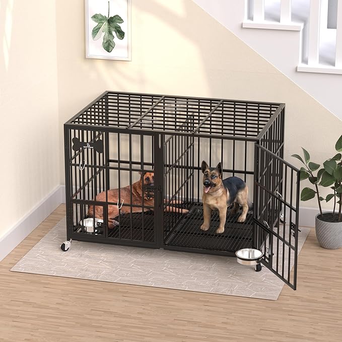 Dosker 42 inch Heavy Duty Metal Dog Crate with Divider for 2 Dogs/Large Dog, All Metal Open Top Escape Proof Cage, Indoor Dog Kennel with Wheels, Floor Grid, Tray, Feeding Bowl