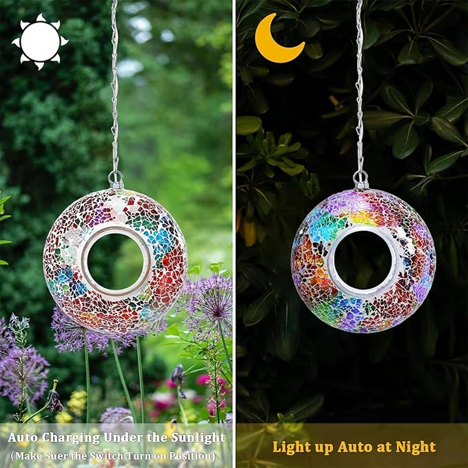 Mosaic Bird Feeders for Outside Hanging with Round Shape Glass Container Fly Through Solar Bird Feeder for Garden Decor (Multicolor)