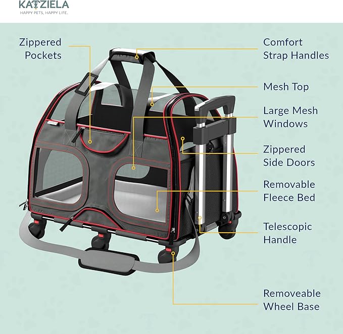 Katziela Luxury Rider Pet Carrier – Airline Compliant & TSA Approved Soft-Sided Travel Bag with Removable Base & 6 Wheels for Small Dogs & Cats – Black/Red