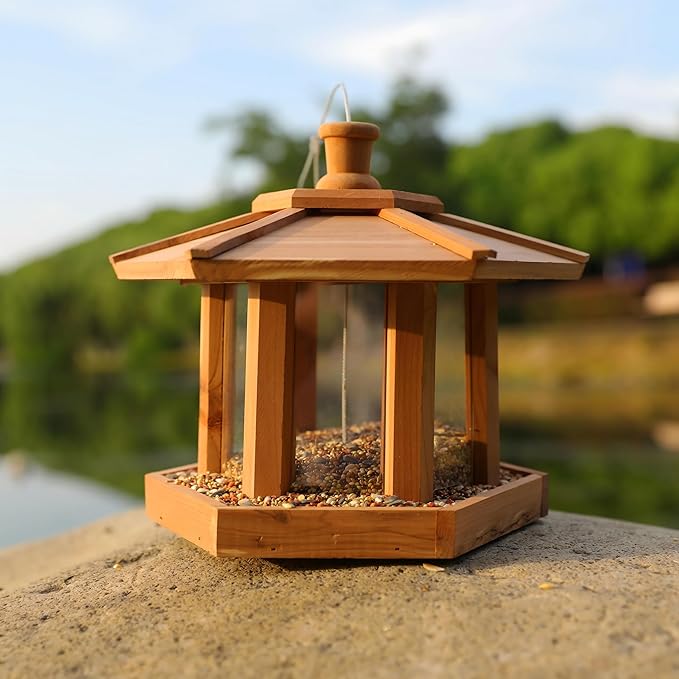 Wooden Bird Feeder for Outdoors Hanging, Red Cedar Hexagon Shaped Large Capacity, Cardinal Birdfeeder for Garden Decoration Yard, Weatherproof and Durable(Large)
