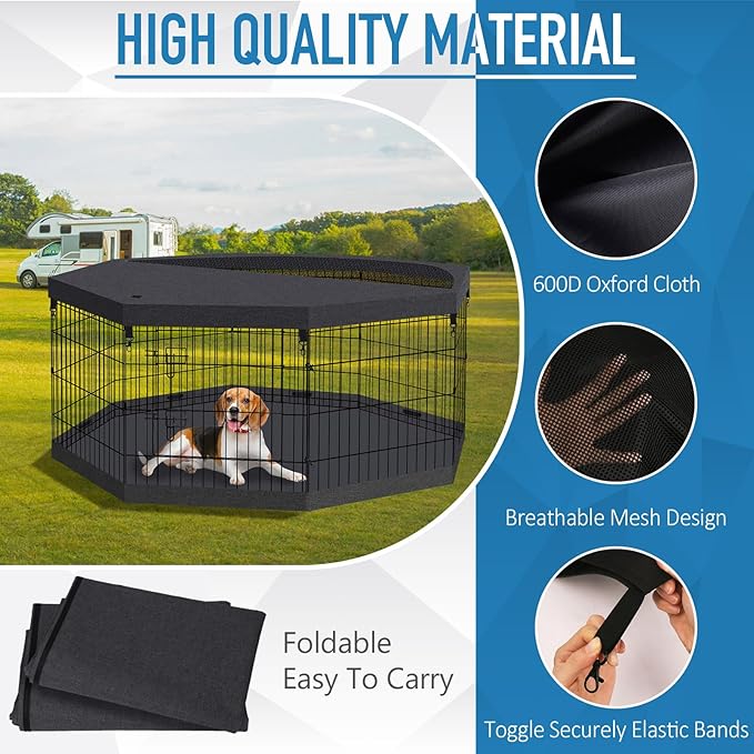 Foldable Metal Wire Dog Pen Pet Playpen Dog Fence Indoor Exercise Pen Enclosure Indoor Outdoor with Bottom Pad and Top Cover (Black 24 top Bottom Cover)