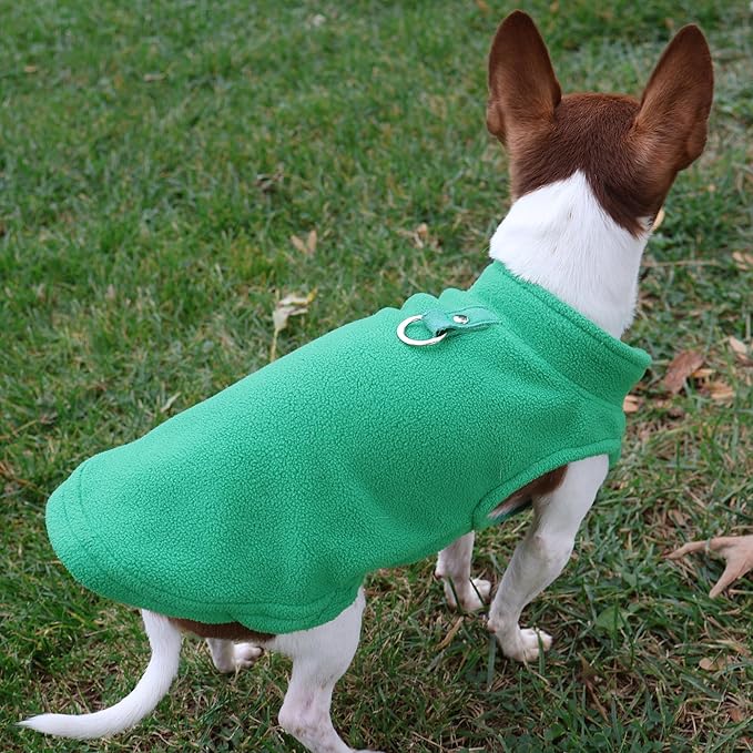 JACKO & CO - Fleece Vest Sweater with Leash Ring - Soft Lightweight Breathable for Puppies Small Medium Dogs, Kitten, Cats, Chihuahua - Warm for Fall/Autumn/Winter (Green, Large 10-16lbs)