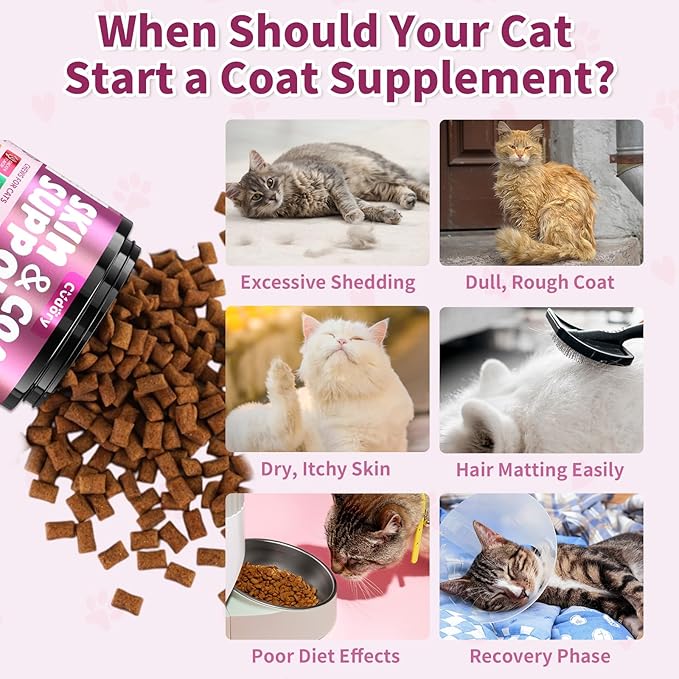Natural Skin and Coat Support for Cats - Crunchy & Creamy Chews with Omega 3, Biotin & Vitamin E for Healthy Skin, Shiny Fur, Cat Supplements & Vitamins -Chicken(500 Chews