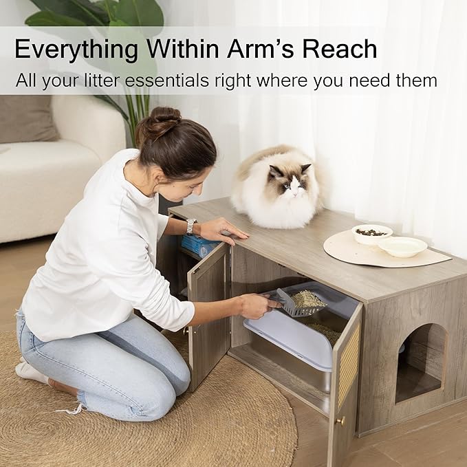 Wooden Cat Litter Box Enclosure with Storage Compartment with Adjustable Divider, Hidden Litter Box Furniture and Hall Table, Cat Box Enclosure, 42.5''L*18.5W*16.9H (Light Oak, Plain)