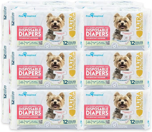 Paw Inspired Disposable Dog Diapers | Female Dog Diapers Ultra Protection | Diapers for Dogs in Heat, Excitable Urination, or Incontinence (12&144 Count) (X-Small (144 Count))