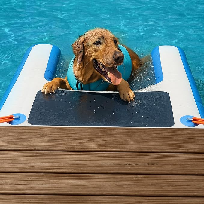 Inflatable Dog Water Ramp, 5FT Dog Floats Ramp Ladder for Pools, Boats, Docks, Sea and Lake, Non-Slip EVA Pool Ladder Platform for Pets Up to 220LBS