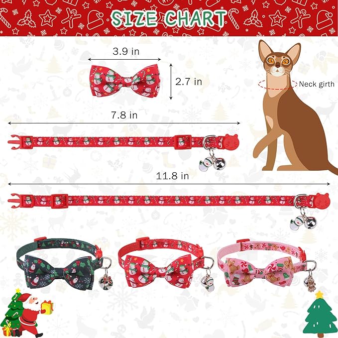 SCENEREAL Christmas Cat Collar Breakaway with Bell and Bowtie, 3 Pack Adjustable Cute Kitten Collars with Snowman, Gingerbread Man, Xmas Tree Pattern,Pet Collars for Girl Boy