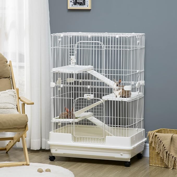 PawHut 4-Level Small Animal Cage Rabbit Hutch with Wheels, Removable Tray, Platform and Ramp for Bunny, Chinchillas, Ferret, White