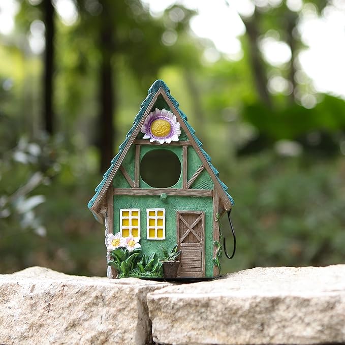 Green Resin Bird House with Slanted Roof, 1.5" Entry Hole Weatherproof Outdoor Decor for Cardinals Finches, Rustic Bird Sanctuary for Backyard Patio Garden