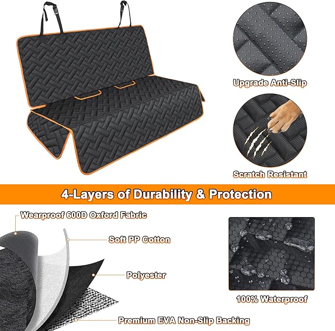 Dog Car Seat Cover for Back Seat, 600D Oxford Waterproof Bench Protector for Dogs Non-Slip Anti-Scratch Pet Rear Seat Cover Fits Cars SUVs Small Trucks
