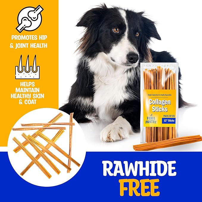 Paw & Pantry 12" Beef Collagen Sticks for Dogs - Rawhide Alternative Dog Bones - High Protein Collagen for Dogs - Glucosamine, Chondroitin, Promotes Dental & Joint Health - 20pk