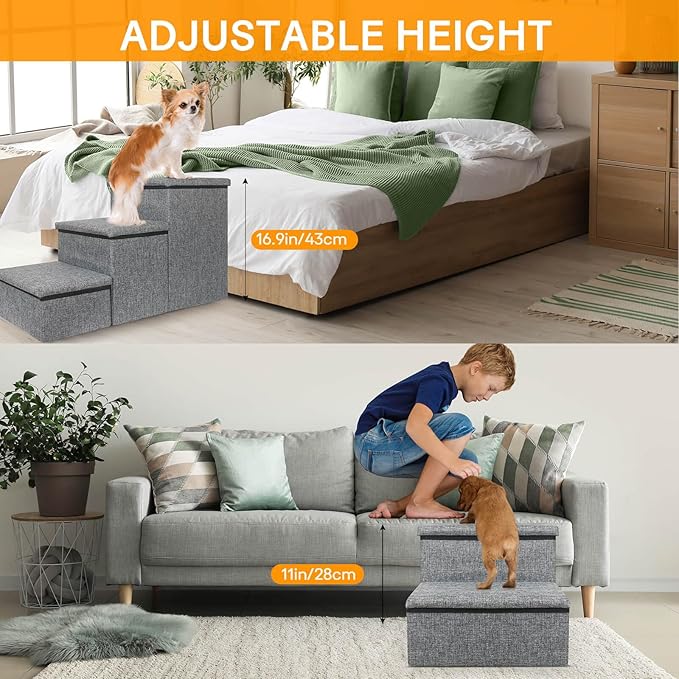 petizer Dog Stairs for Small Dogs, Foldable Pet Stairs for Couch/Bed with Storage Box, Condo and Cat Scratcher, Adjustable Non-Slip Dog Steps for Puppy, Cats, or Small (3-Step,17" H)