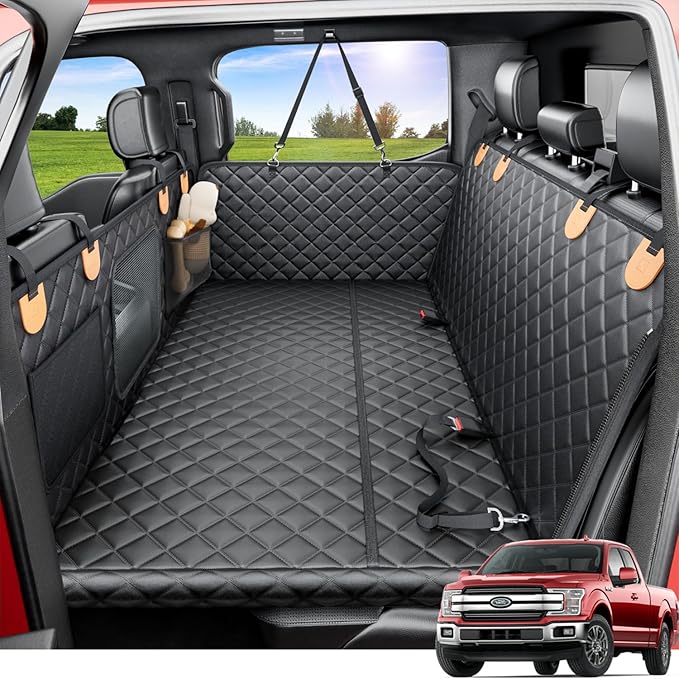 REEVAA Dog Truck Seat Cover for Back Seat, Hard Bottom Dog Hammock for Car, Pet Bed Extender for 2-4 Large Dogs, Waterproof Seat Protector, Universal XL Size Fits for Crew Cab Truck/SUV, Black+Orange
