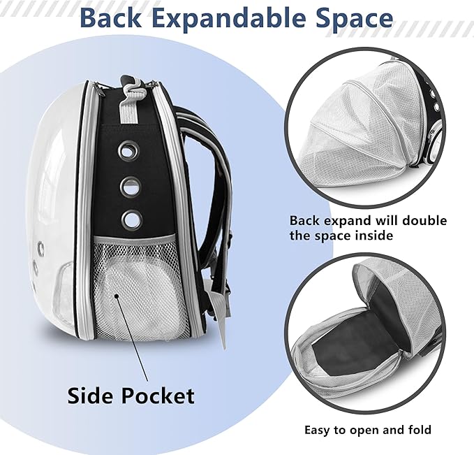 Cat Backpack Carrier Bubble Expandable Foldable Breathable Pet Carrier Dog Carrier Backpack for Large Big Cats Hiking, Travelling, Camping (Back Expandable-Black)
