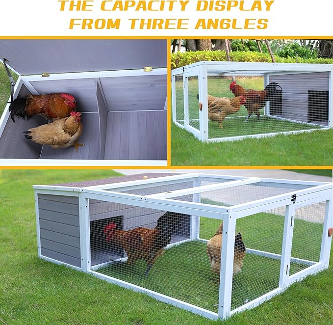 Chicken Coop with Run, 60” Rabbit Hutch with Cover Outdoor, Large Tortoise Habitat Pet Cage Wood Small Animal Poultry Cage Run with Waterproof Asphalt & Openable Roof and Side Door