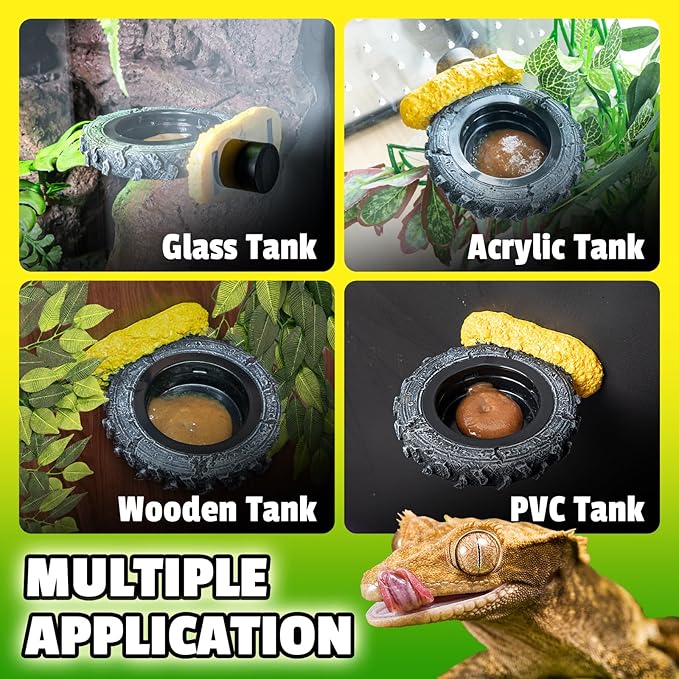 Magnetic Crested Gecko Feeding Ledge, Reptile Feeder Ledge with PVC Food Bowls, Tire-Shaped Reptile Water Dish for Crested Gecko Leopard Gecko Lizard Frog Bearded Dragon
