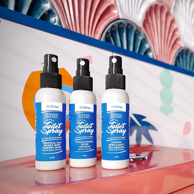 AirWisp Toilet Spray 3 Pack Variety Pack - Pre-Poop Spray Odor Eliminator - Most Popular Hotel Picks - 2 oz. Bottles - Up To 100 Uses Per Bottle - Travel Toiletry